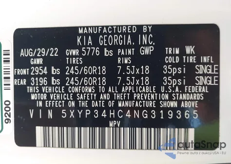 2022 Kia Telluride Ex z USA, uszkodzony, nr VIN 5XYP34HC4NG319365